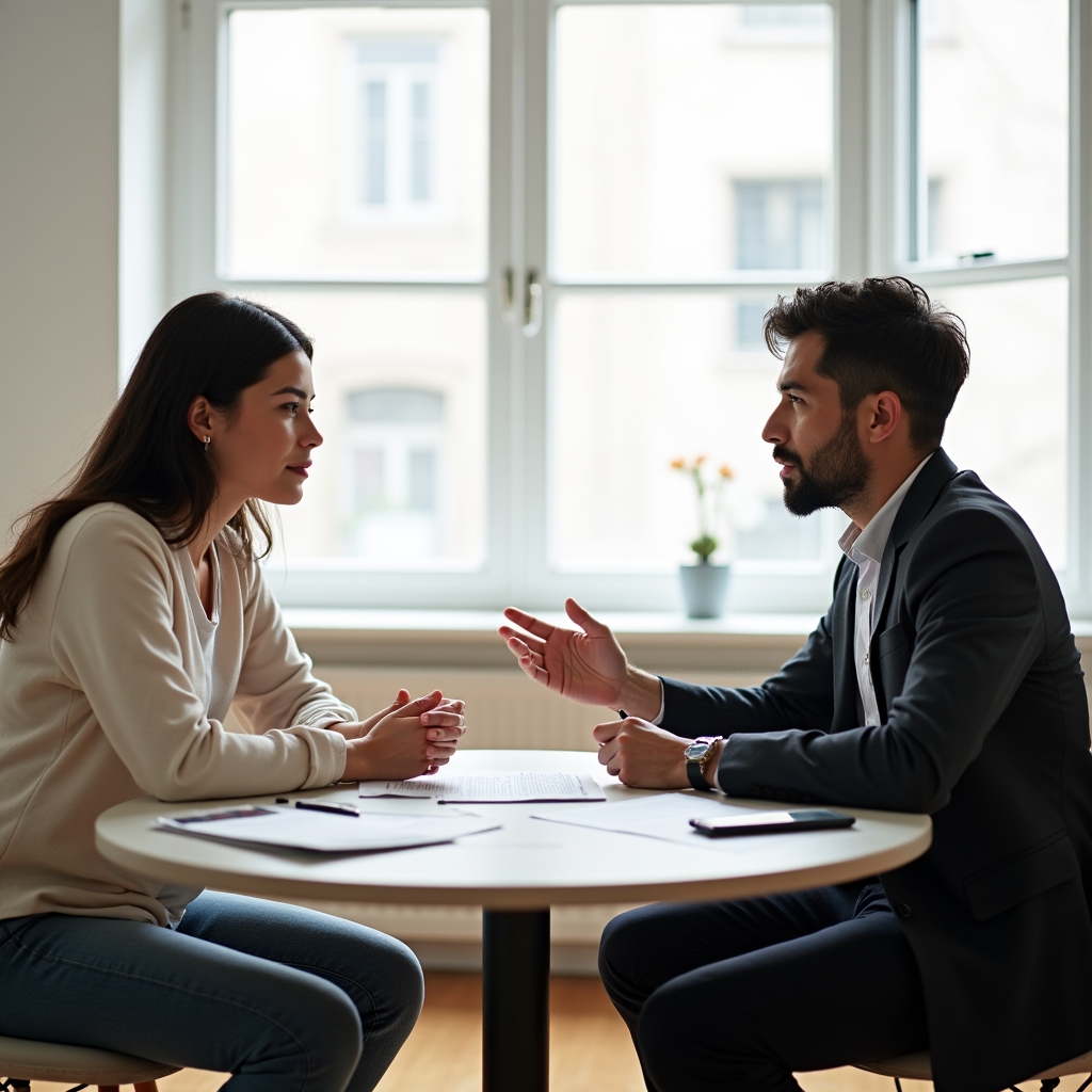 Landlord and tenant discussing rental agreement terms with documents on table