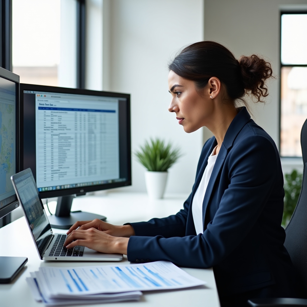 Professional reviewing real estate market data and transaction records at a desk